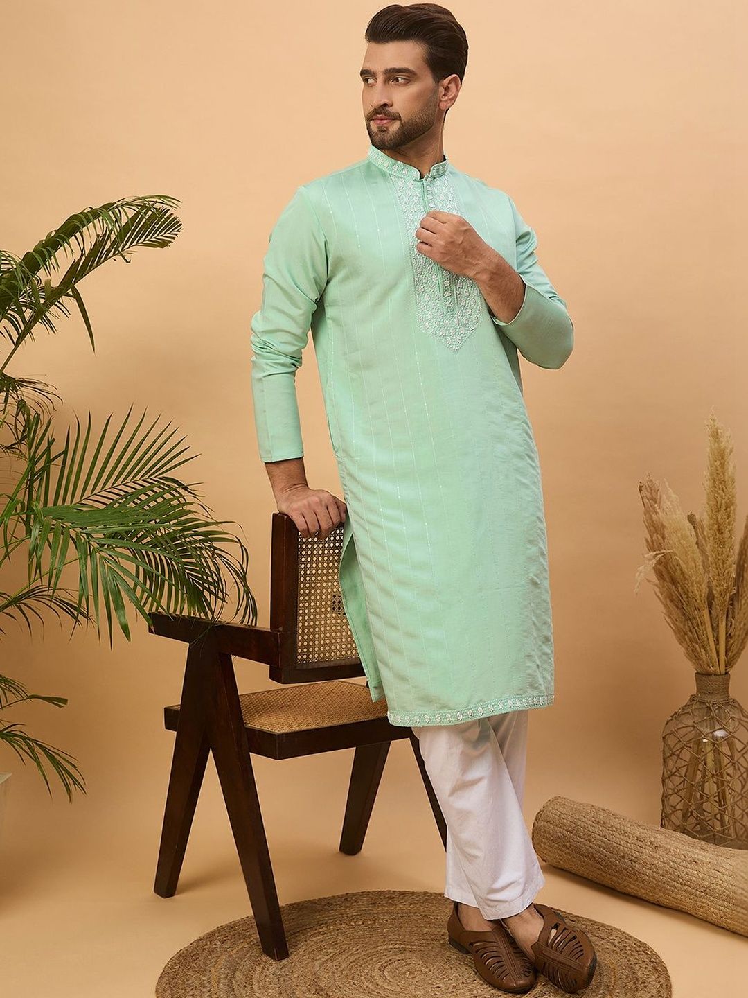 Ethnic Bay Men Blue Silk Blend Solid Embroidered Straight Kurta With Pant Set-MKSET1508