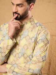 Ethnic Bay Men Yellow Viscose Rayon Bandhani Embroidered Straight Kurta With Pant Set-MKSET1192