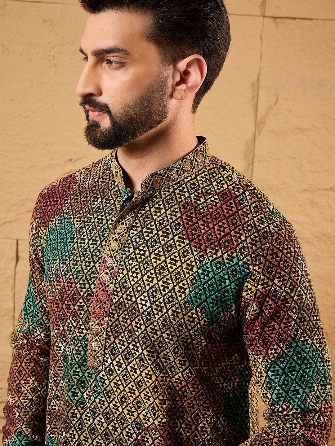 Ethnic Bay Mens Multi Viscose Rayon Geometric Embroidered Chikankari Straight Kurta With Pant Set-MKSET1180