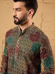 Ethnic Bay Mens Multi Viscose Rayon Geometric Embroidered Chikankari Straight Kurta With Pant Set-MKSET1180