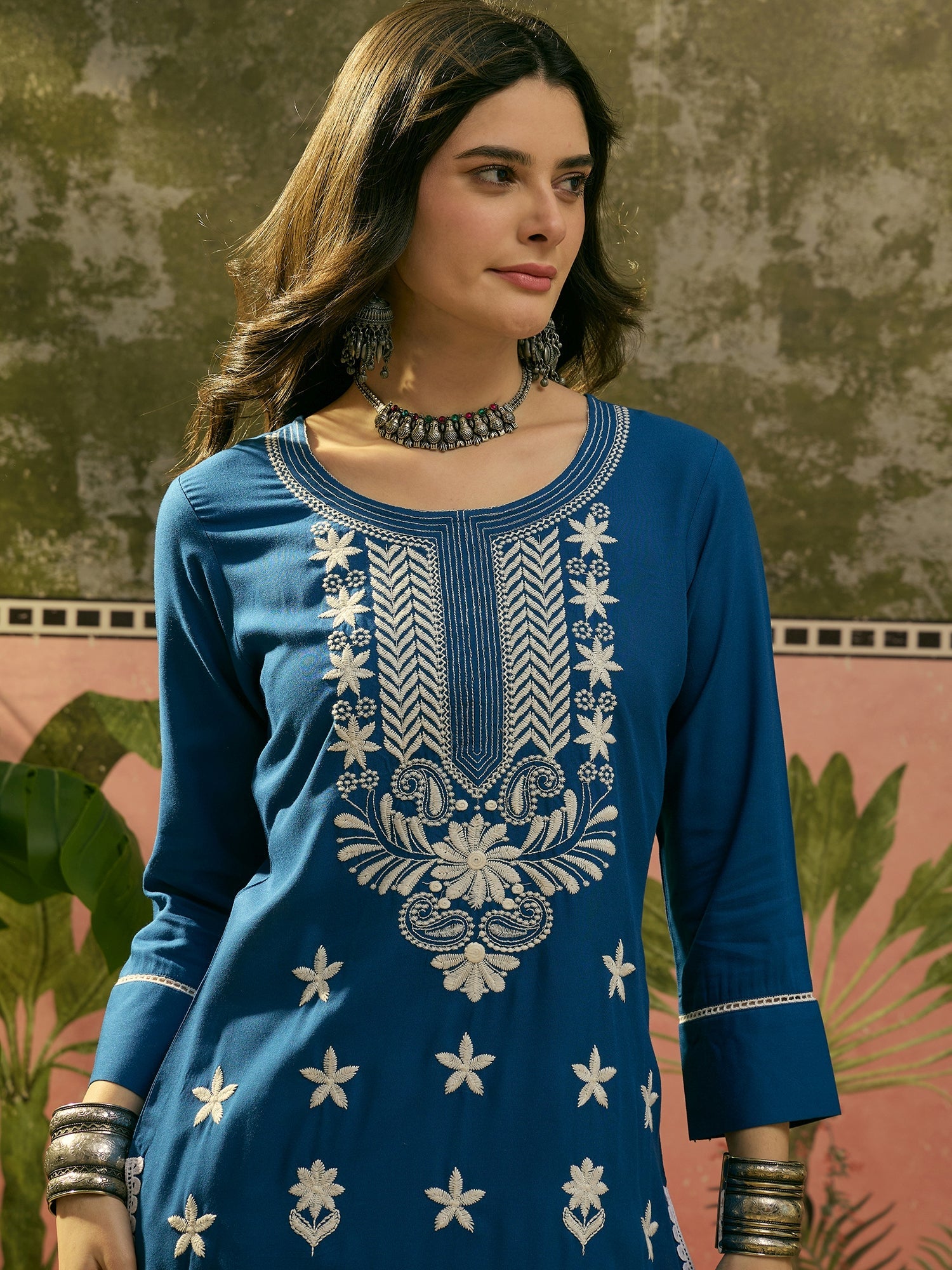 Stylum Women's Blue Solid & Embroidered Rayon Straight Kurta (BLUEBEBE)