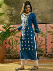 Stylum Women's Blue Solid & Embroidered Rayon Straight Kurta (BLUEBEBE)
