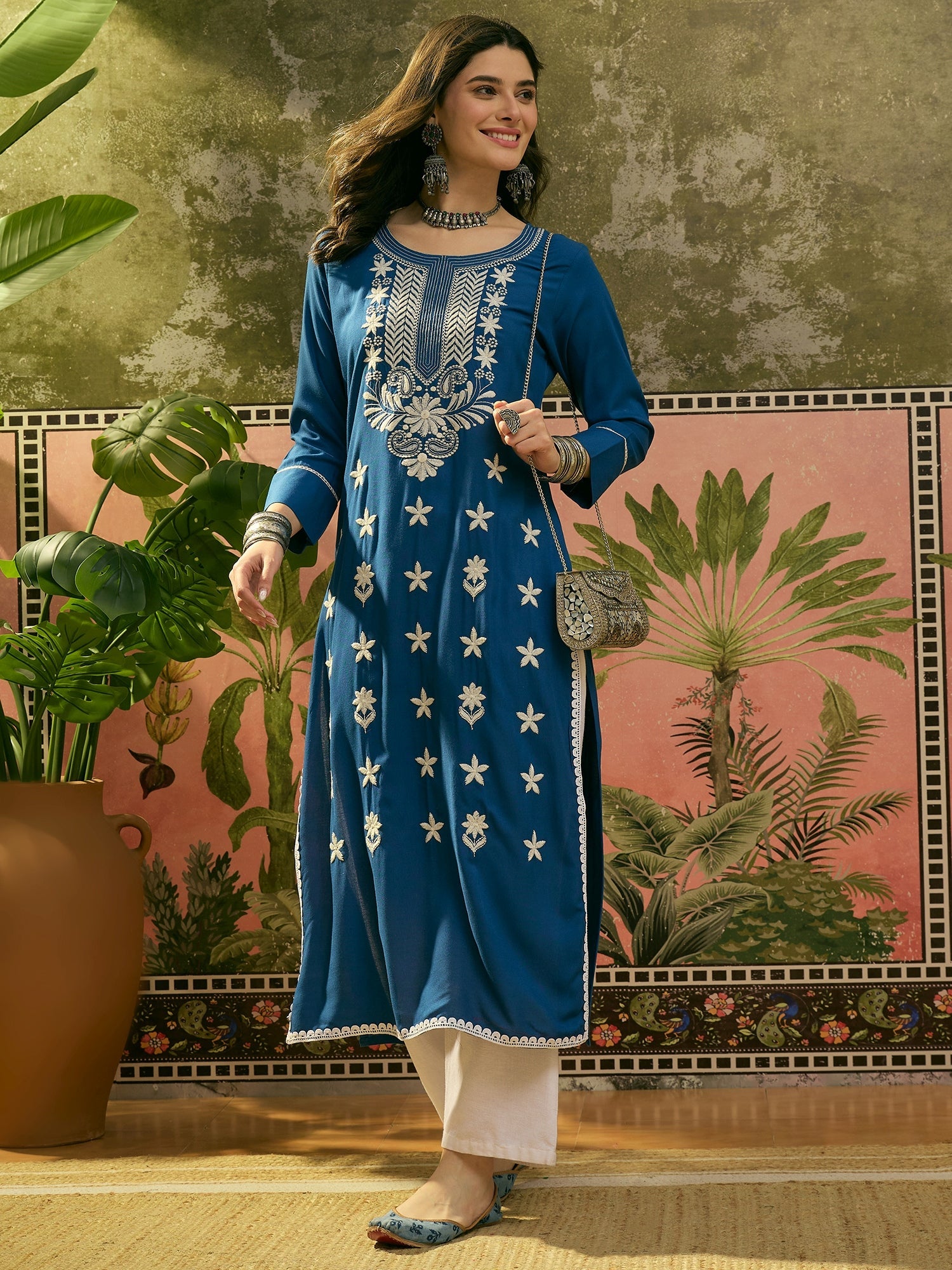 Stylum Women's Blue Solid & Embroidered Rayon Straight Kurta (BLUEBEBE)