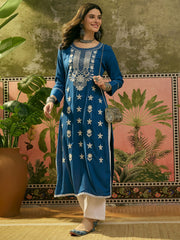 Stylum Women's Blue Solid & Embroidered Rayon Straight Kurta (BLUEBEBE)