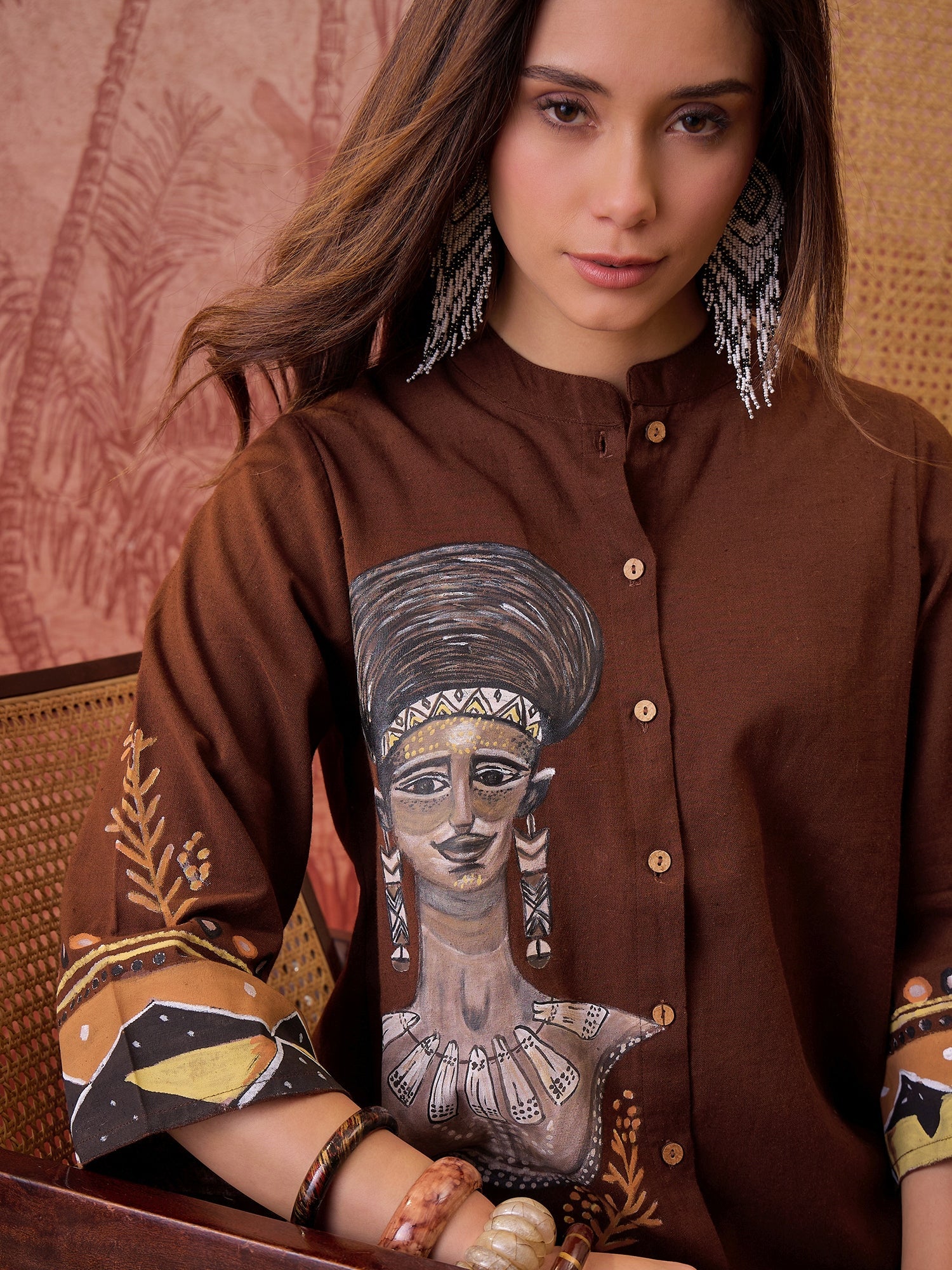 Stylum Women's Brown Hand Painted Cotton Flex High Low Co-Ord Set (CSBROWNART)