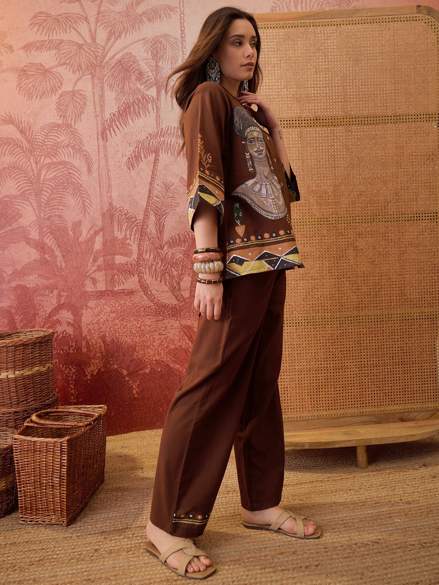 Stylum Women's Brown Hand Painted Cotton Flex High Low Co-Ord Set (CSBROWNART)