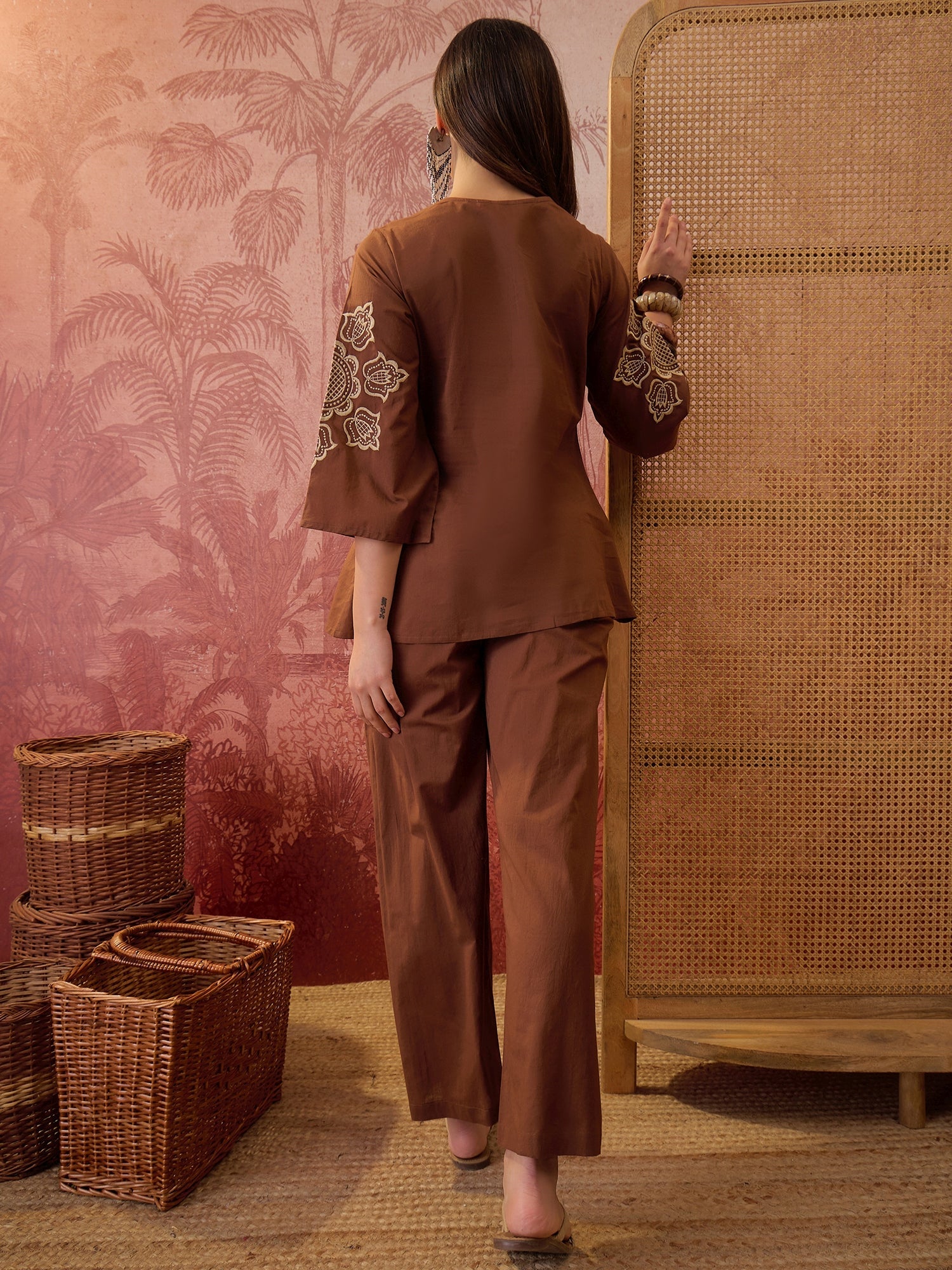 Stylum Women's Brown Solid & Embroidered Cotton Co-Ord Set (CSBROWNROCKY)