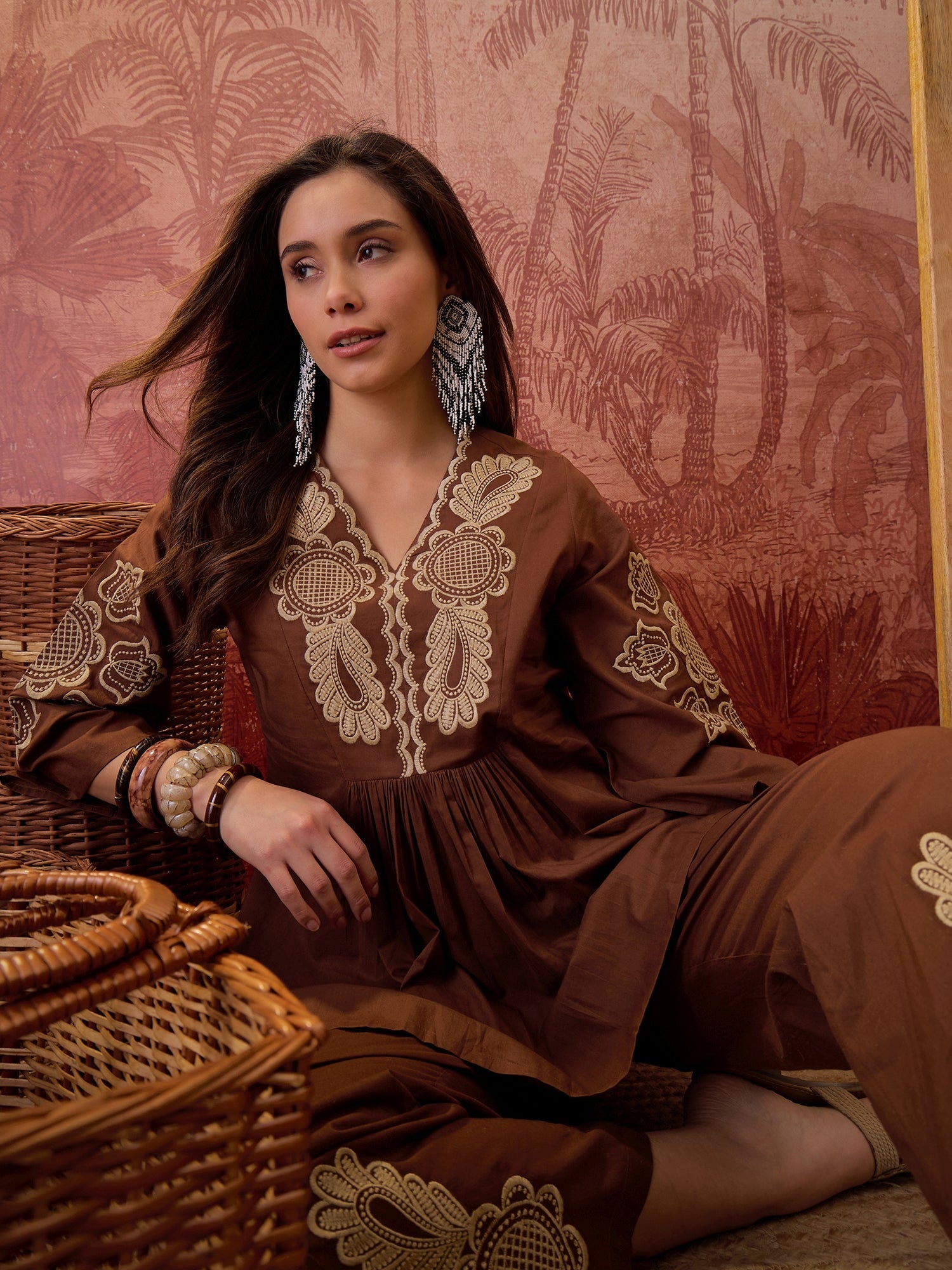 Stylum Women's Brown Solid & Embroidered Cotton Co-Ord Set (CSBROWNROCKY)