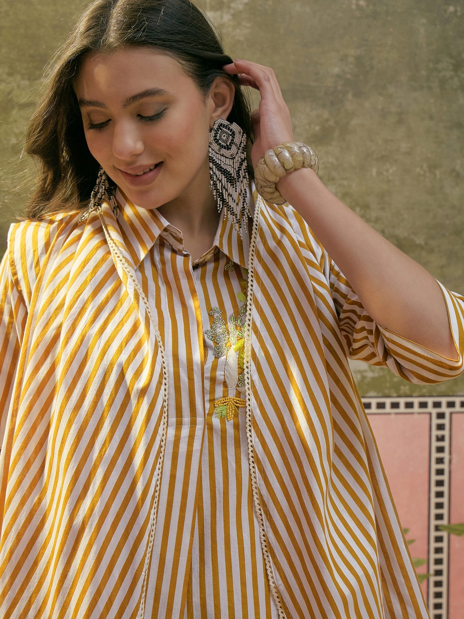 Women's Mustard Striped Printed Cotton High-Low Co-Ord Set (CSMUSTARDM