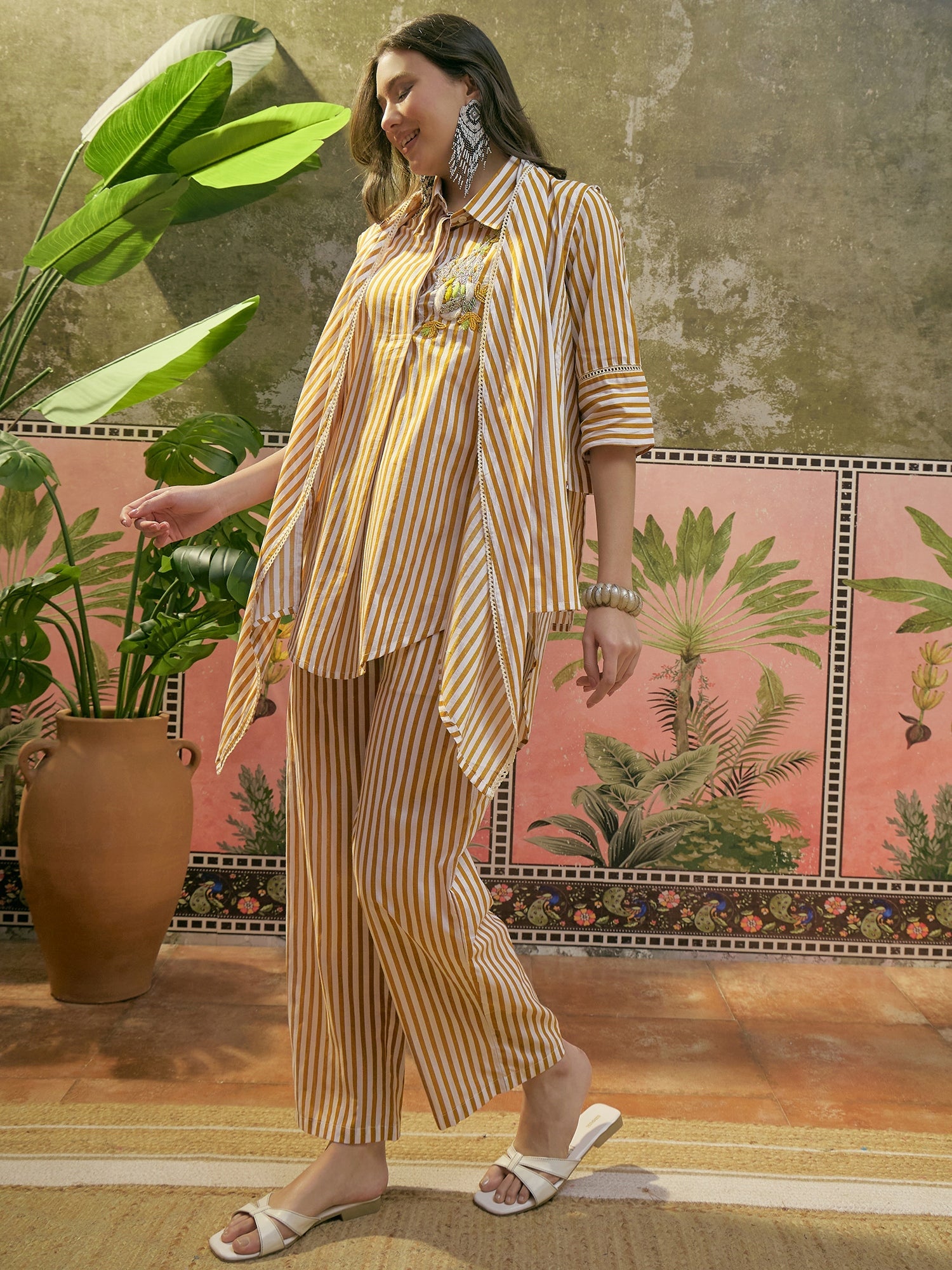 Women's Mustard Striped Printed Cotton High-Low Co-Ord Set (CSMUSTARDM