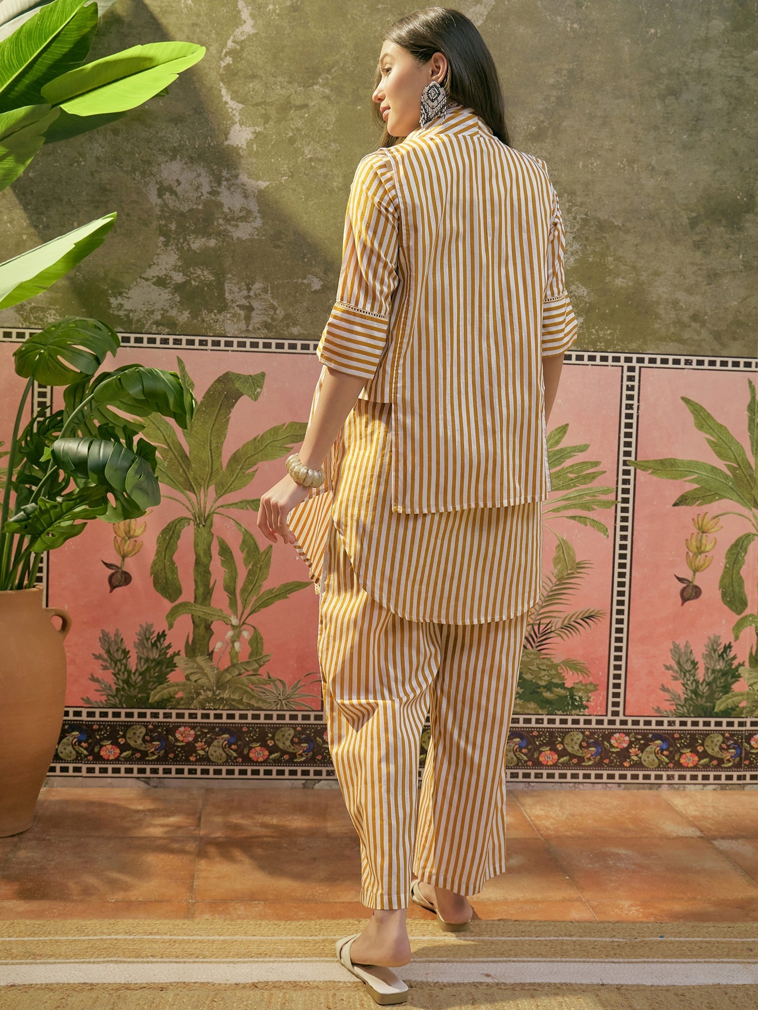 Women's Mustard Striped Printed Cotton High-Low Co-Ord Set (CSMUSTARDM