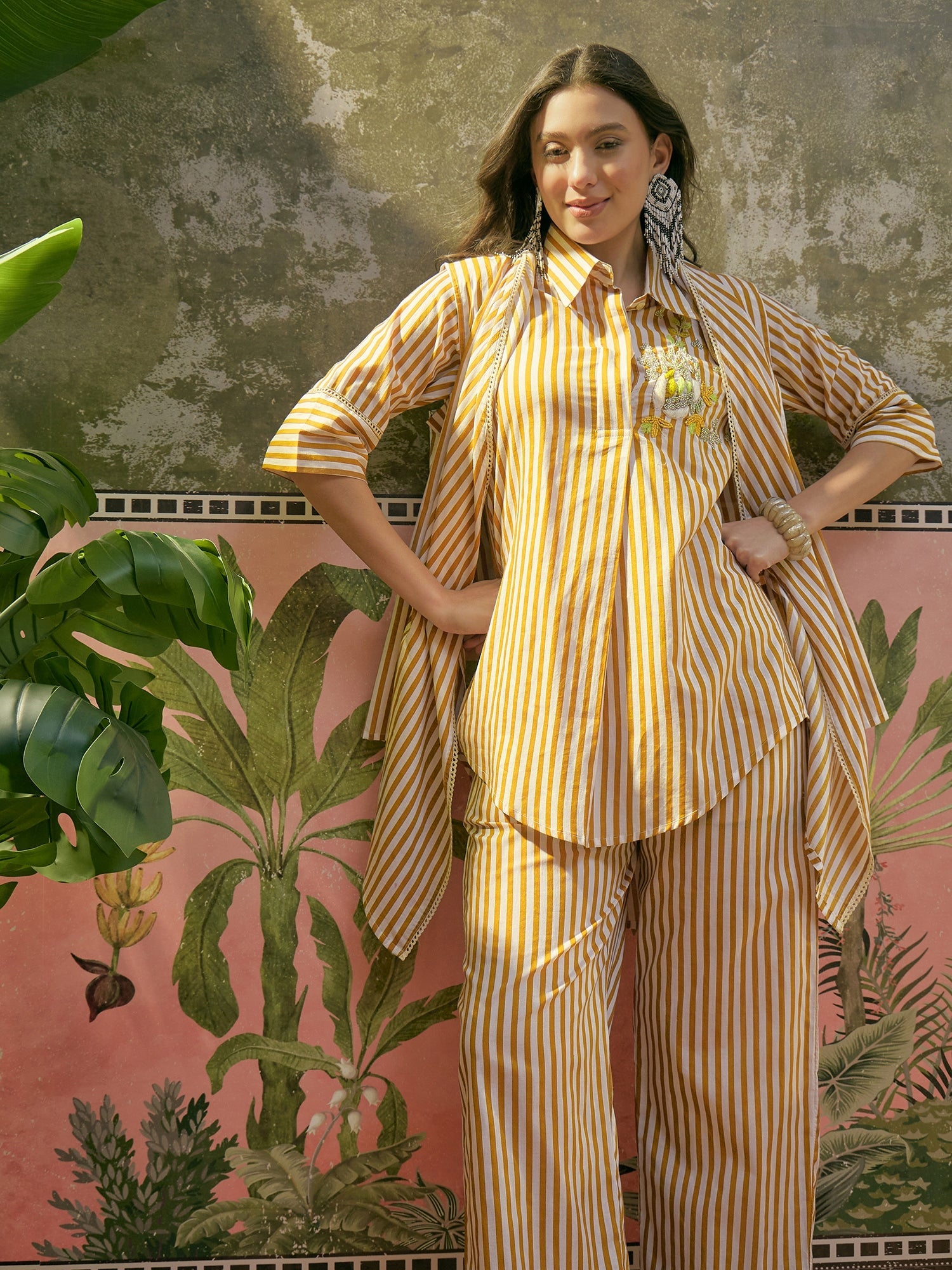 Women's Mustard Striped Printed Cotton High-Low Co-Ord Set (CSMUSTARDM
