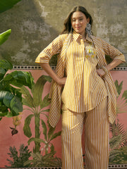 Stylum Women's Mustard Striped Printed Cotton High-Low Co-Ord Set (CSMUSTARDMOB)