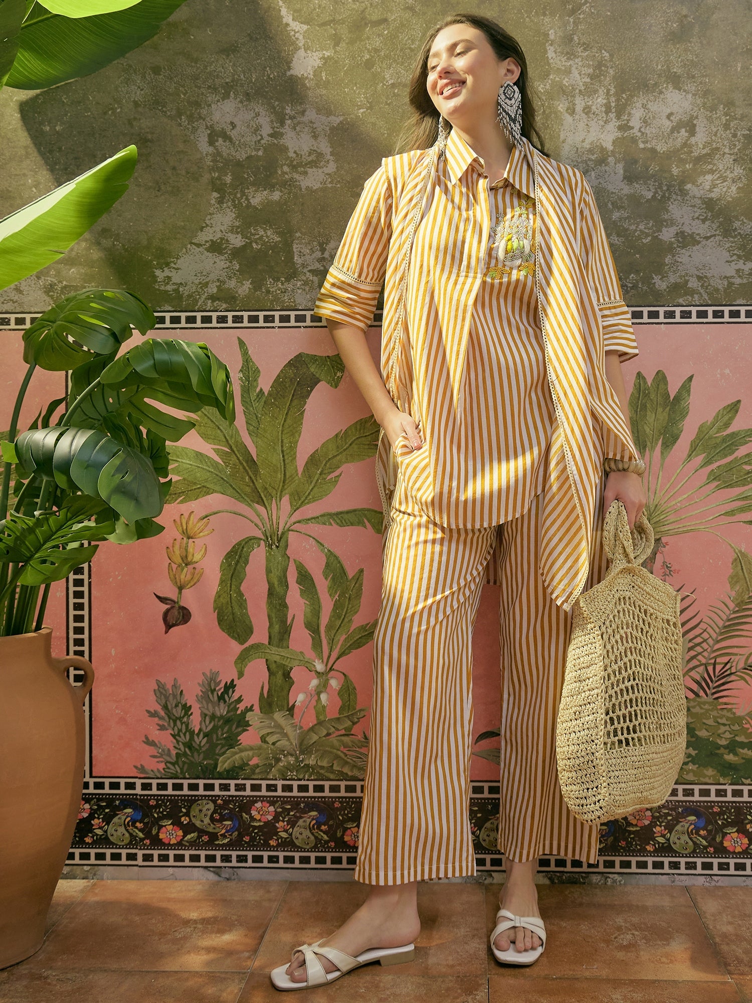 Women's Mustard Striped Printed Cotton High-Low Co-Ord Set (CSMUSTARDM