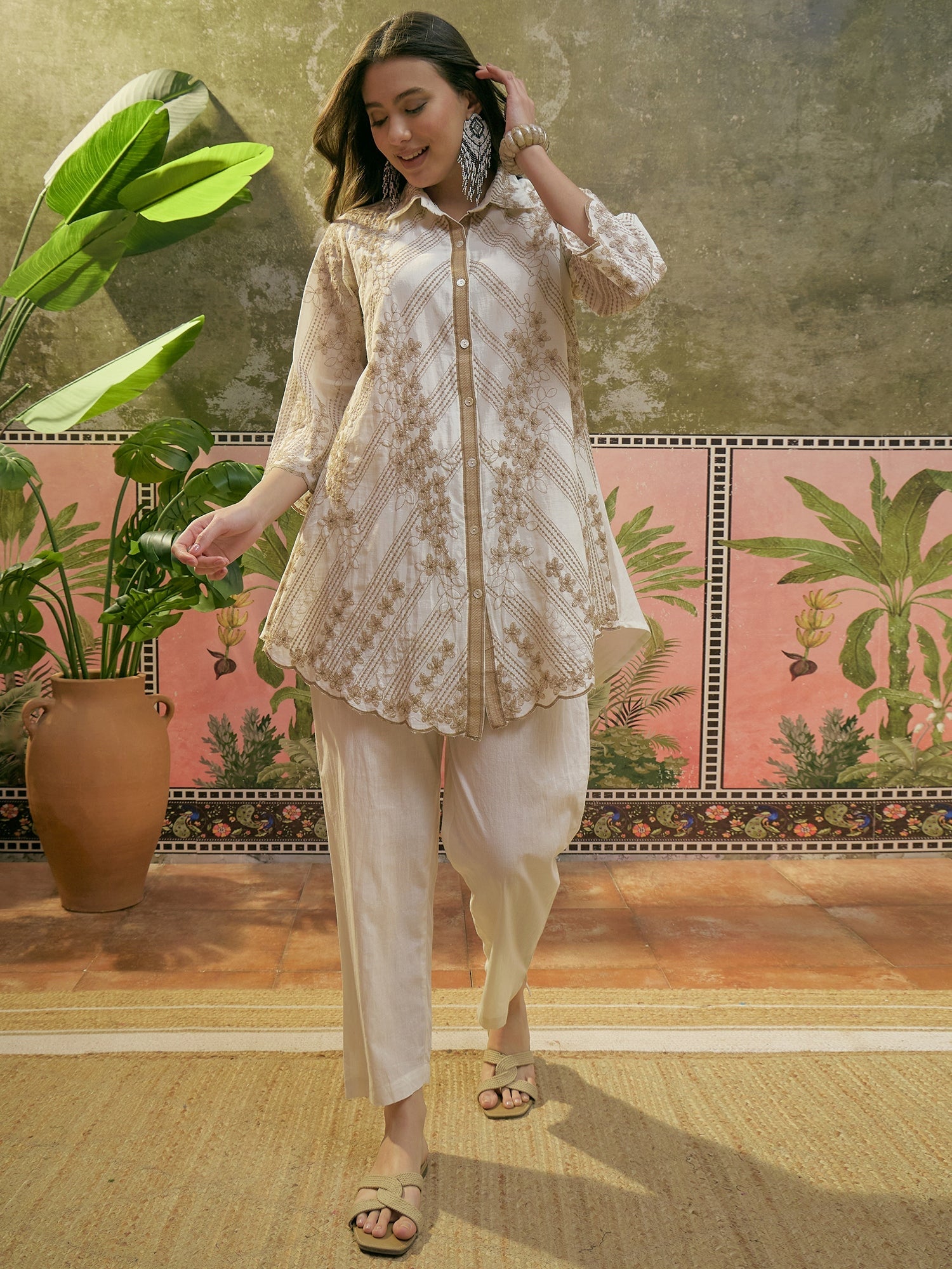 Women's Off White Solid & Embroidered Mulmul Cotton Co-Ord Set (ZZCSOF