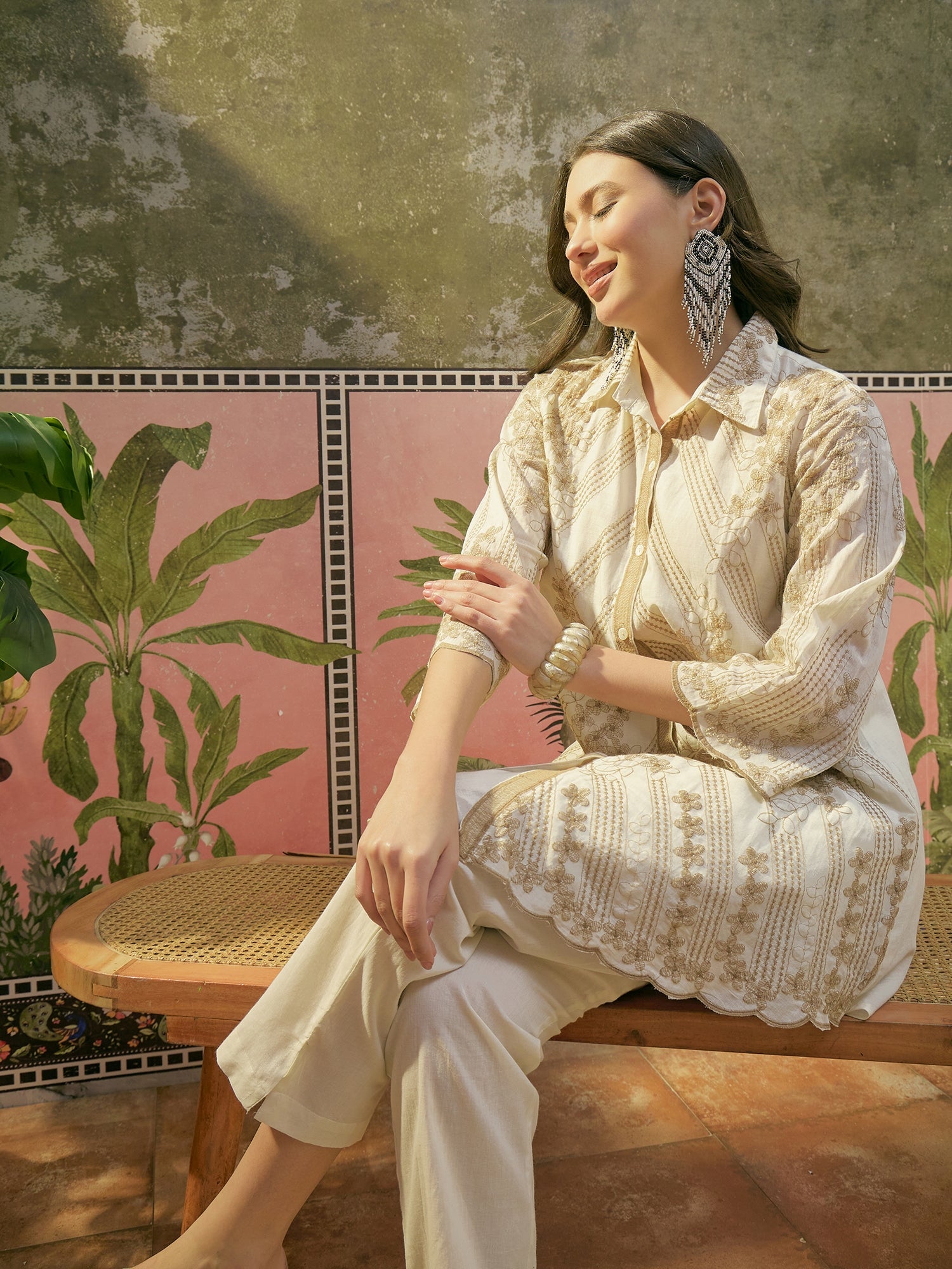Women's Off White Solid & Embroidered Mulmul Cotton Co-Ord Set (ZZCSOF