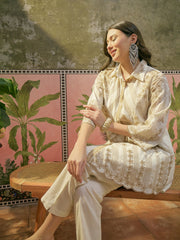 Stylum Women's Off White Solid & Embroidered Mulmul Cotton Co-Ord Set (ZZCSOFFWHITENESH)