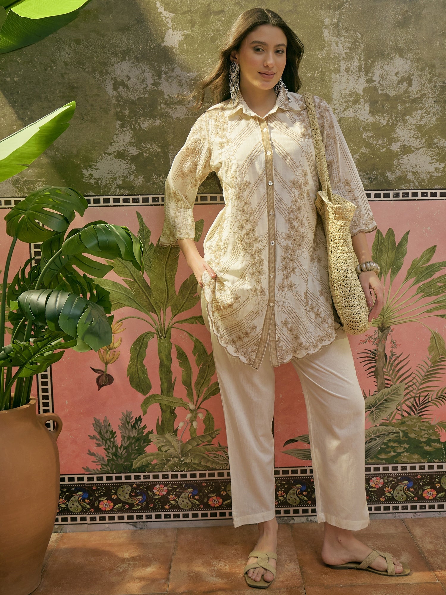 Women's Off White Solid & Embroidered Mulmul Cotton Co-Ord Set (ZZCSOF