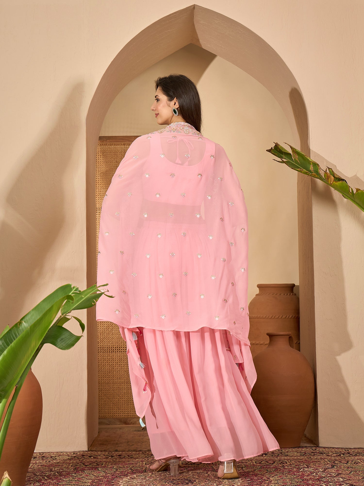 Stylum Women's Peach Solid & Embroidered Georgette Co-Ord Set (CSPEACHREXXA)