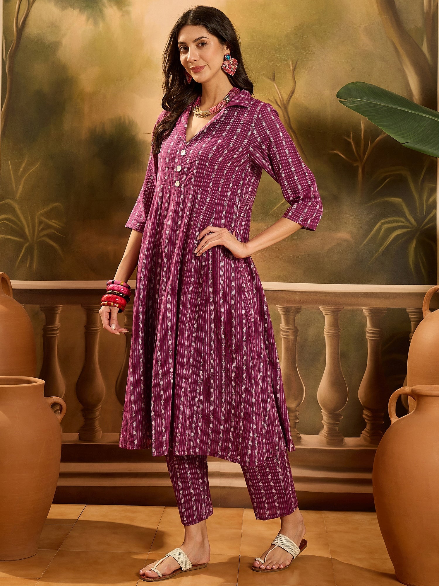 Women's Wine Woven Design Cotton Co-Ord Set (CSWINEMOON) | DesiQlo