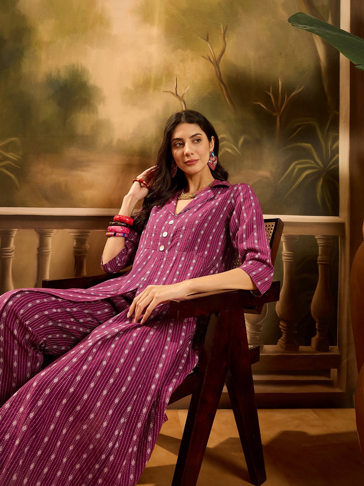 Women's Wine Woven Design Cotton Co-Ord Set (CSWINEMOON) | DesiQlo