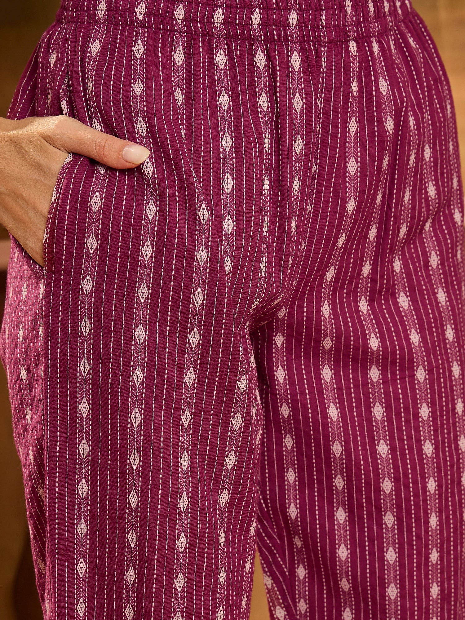 Women's Wine Woven Design Cotton Co-Ord Set (CSWINEMOON) | DesiQlo