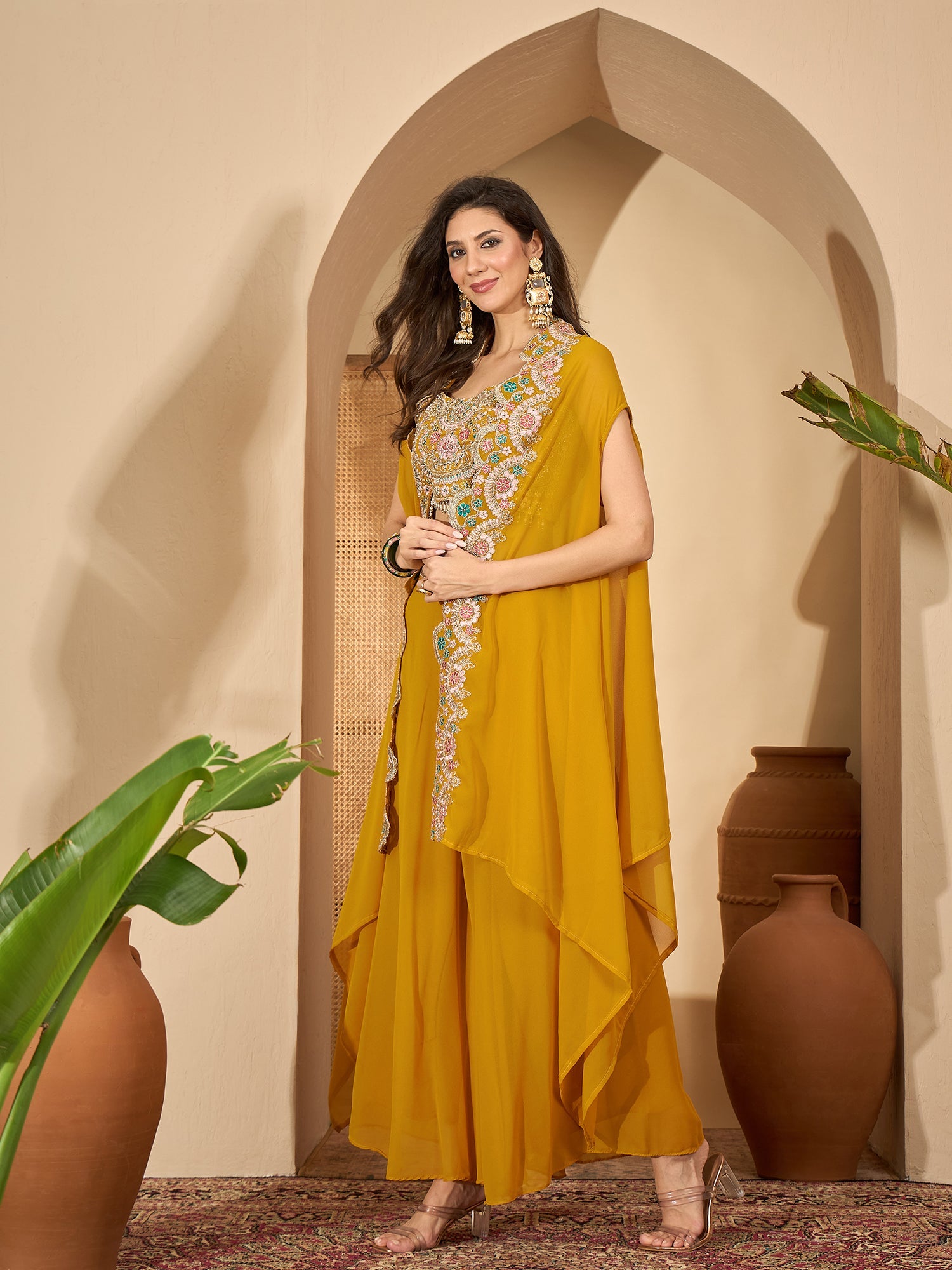 Women's Yellow Solid & Embroidered Georgette Co-Ord Set (CSYELLOWFLY) 