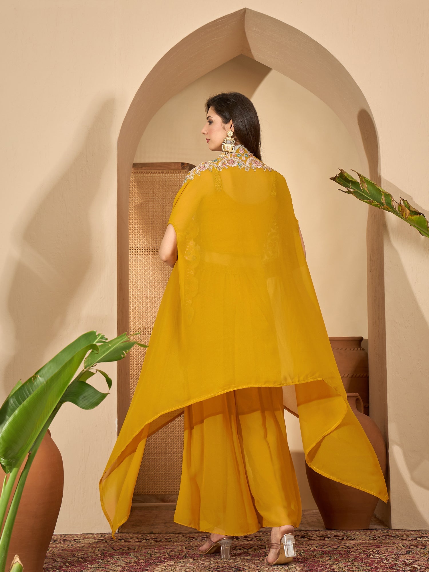 Women's Yellow Solid & Embroidered Georgette Co-Ord Set (CSYELLOWFLY) 