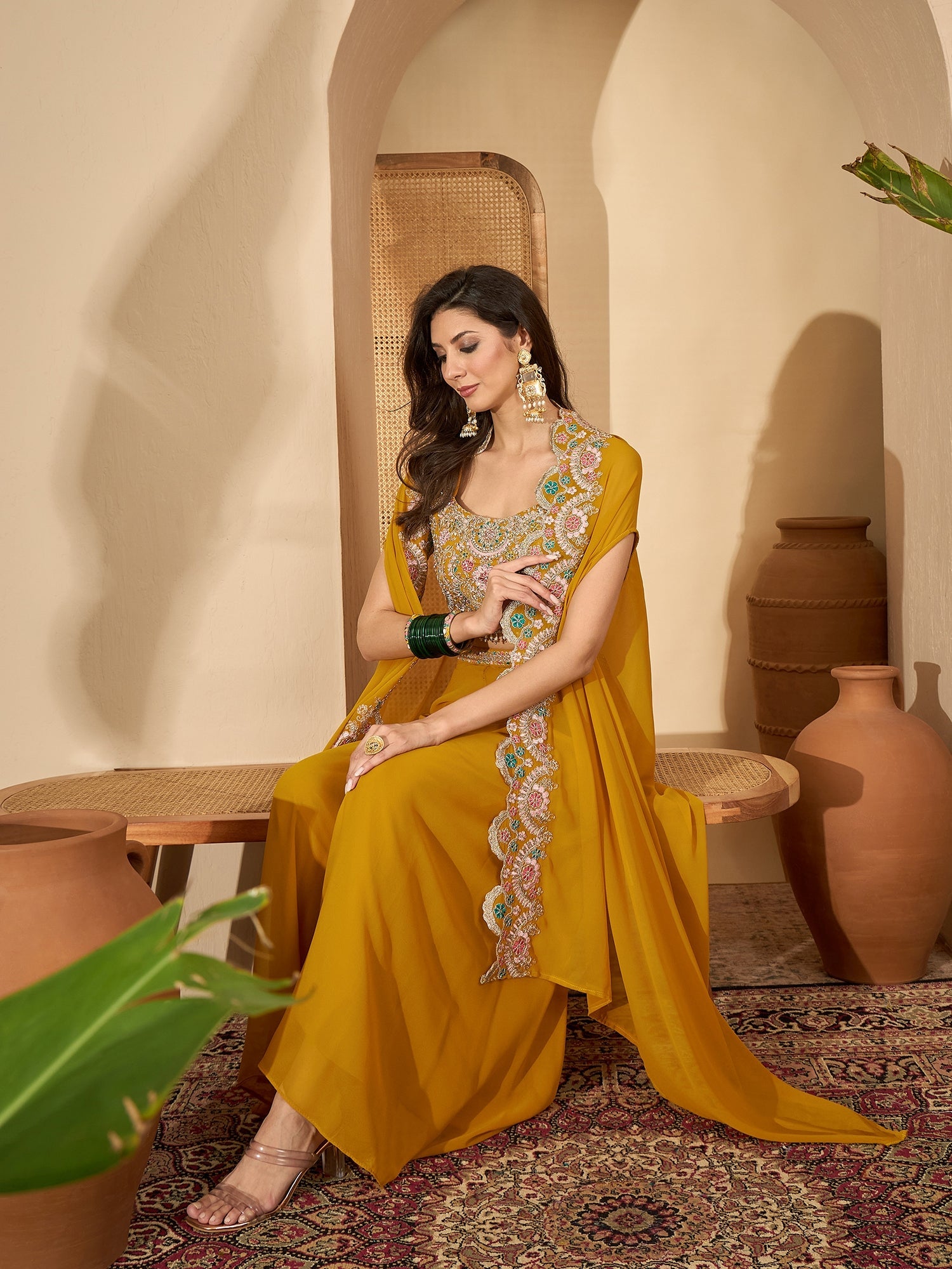 Women's Yellow Solid & Embroidered Georgette Co-Ord Set (CSYELLOWFLY) 