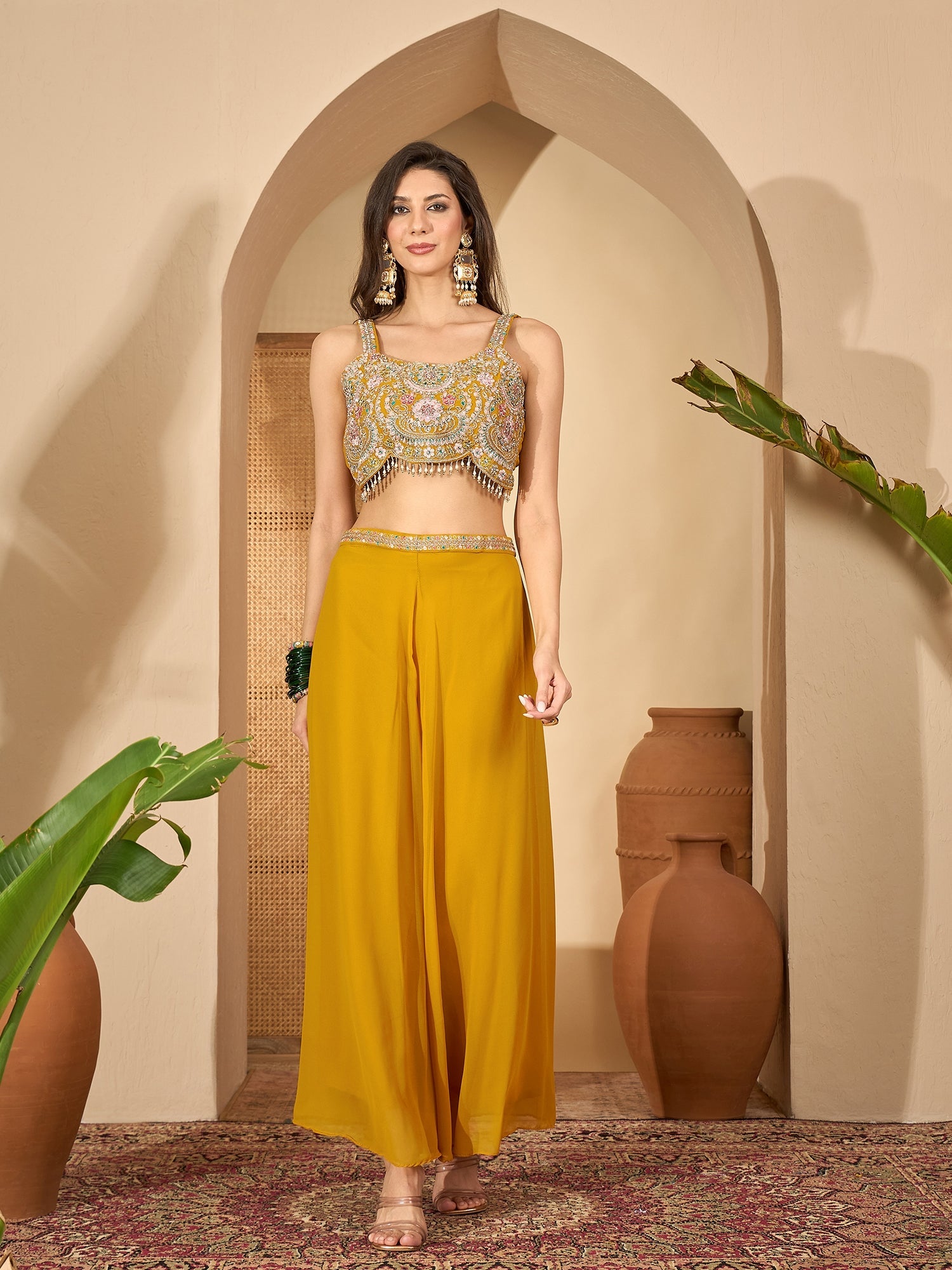 Women's Yellow Solid & Embroidered Georgette Co-Ord Set (CSYELLOWFLY) 