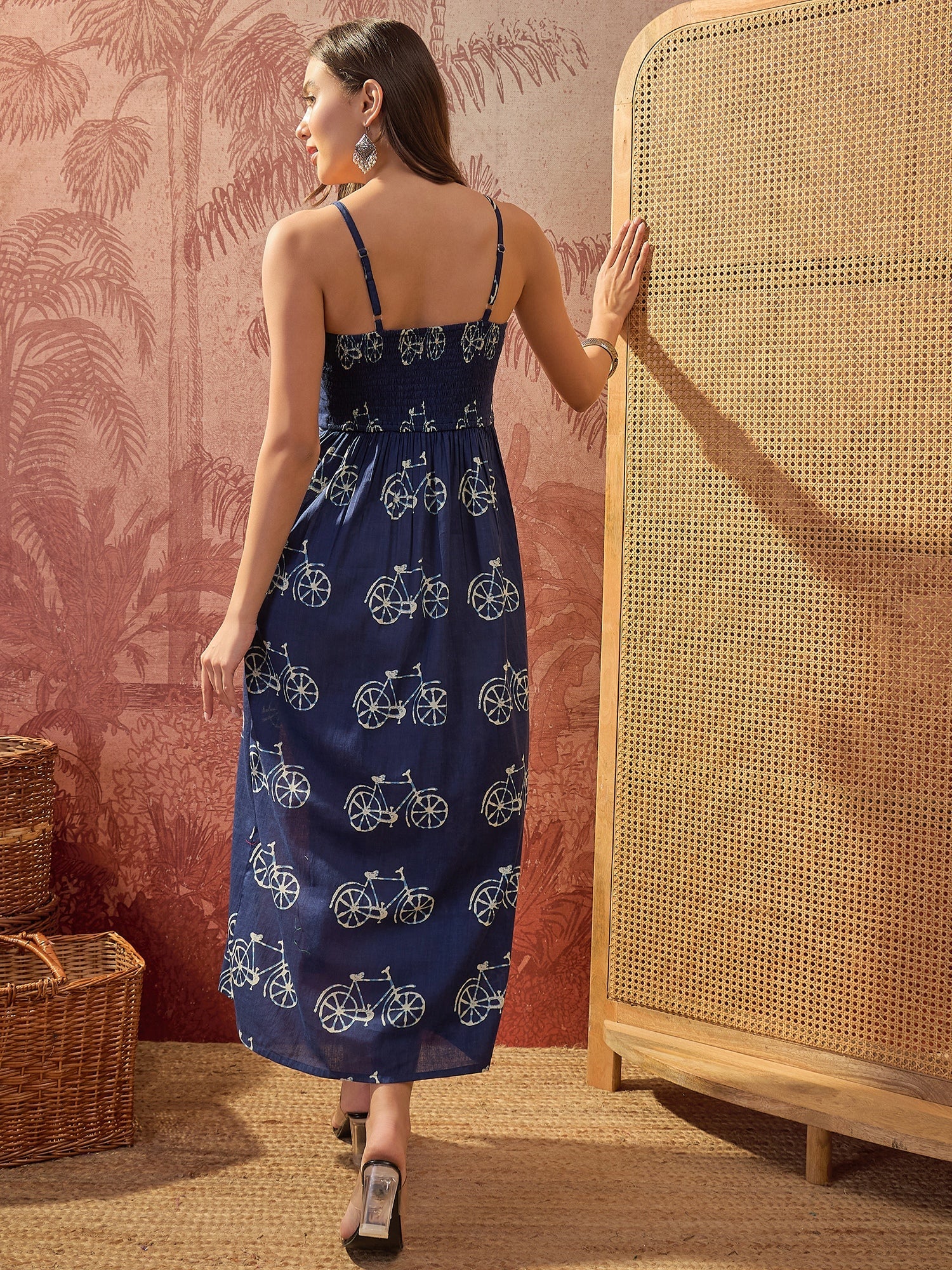 Women's Blue Printed Cotton Front Slit Dress (DRSBLUECYCLE) | DesiQlo