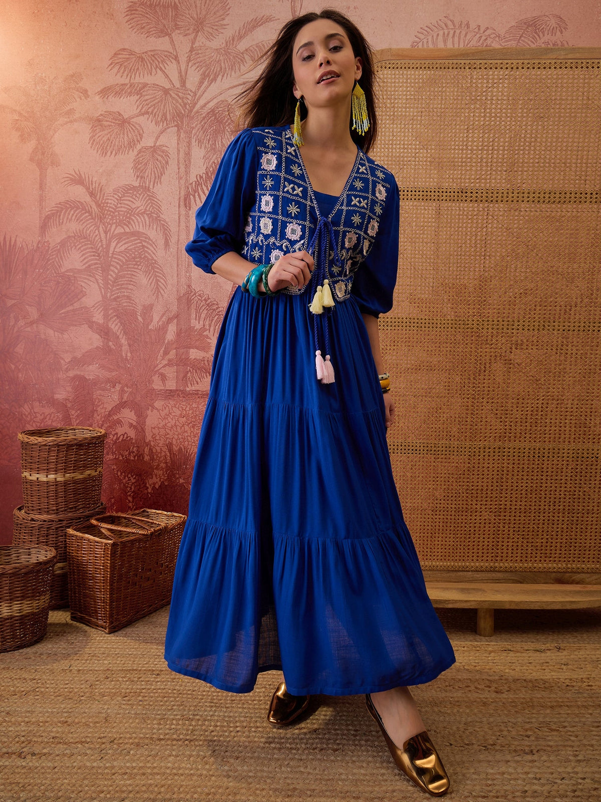Stylum Women's Blue Solid & Embroidered Rayon Tiered Dress With Jacket (DRSBLUEFERRARI)