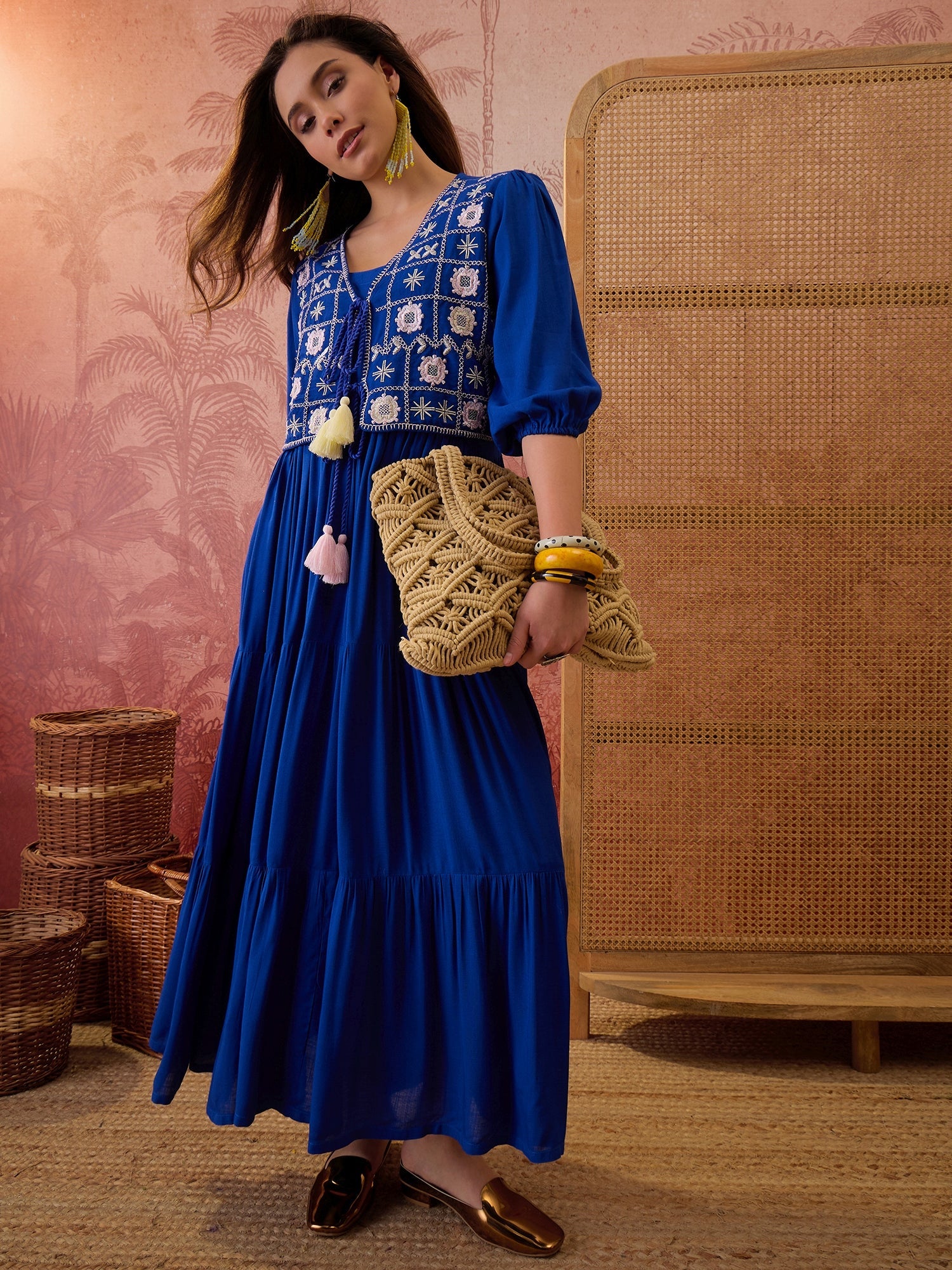 Women's Blue Solid & Embroidered Rayon Tiered Dress With Jacket (DRSBL