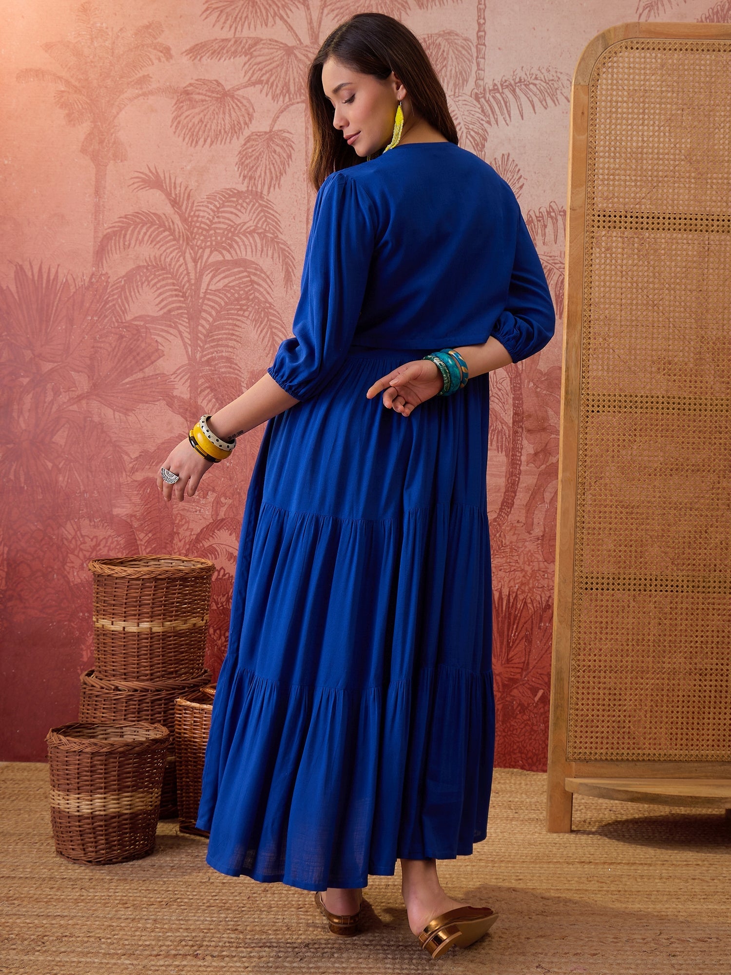 Women's Blue Solid & Embroidered Rayon Tiered Dress With Jacket (DRSBL
