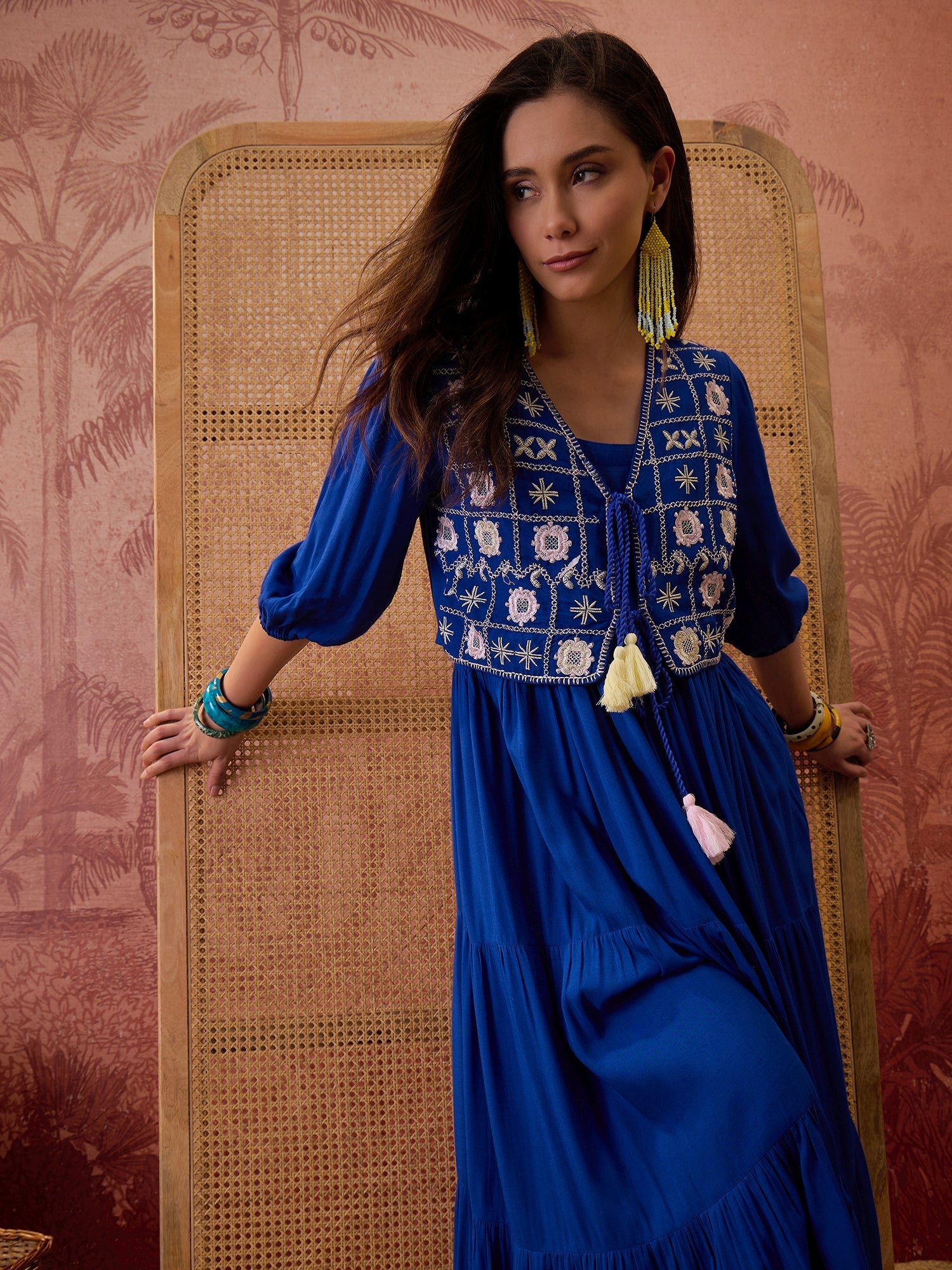 Women's Blue Solid & Embroidered Rayon Tiered Dress With Jacket (DRSBL