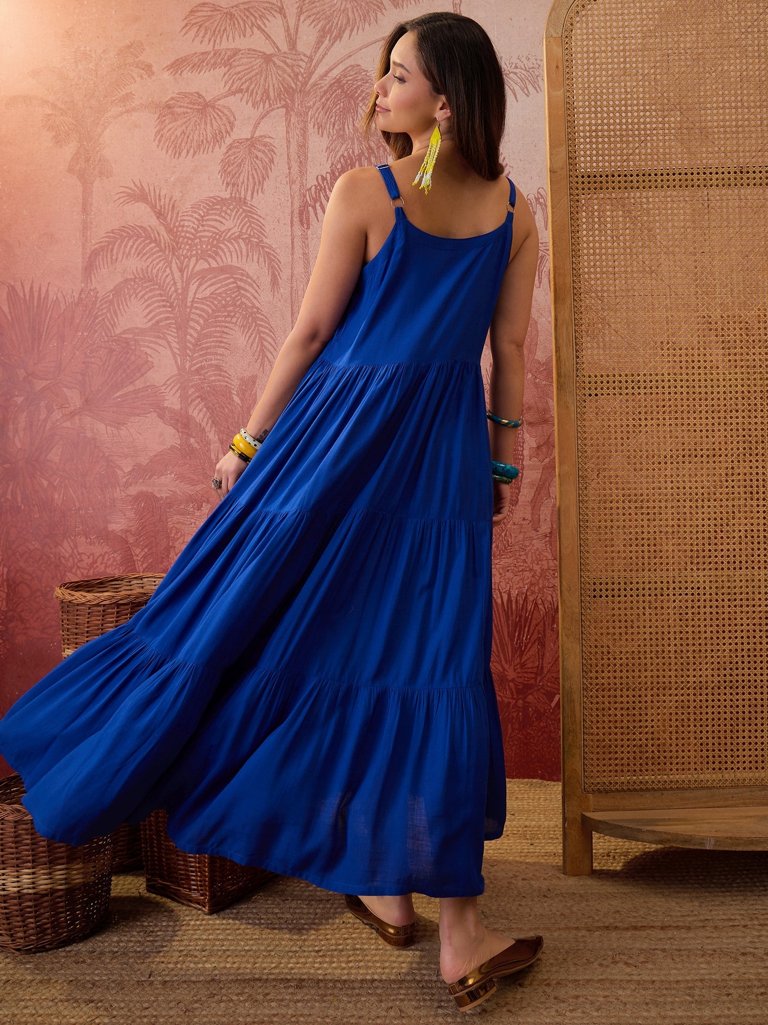 Women's Blue Solid & Embroidered Rayon Tiered Dress With Jacket (DRSBL