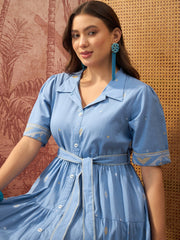 Stylum Women's Blue Solid Cotton Tiered Dress (DRSBLUEVIVORA)