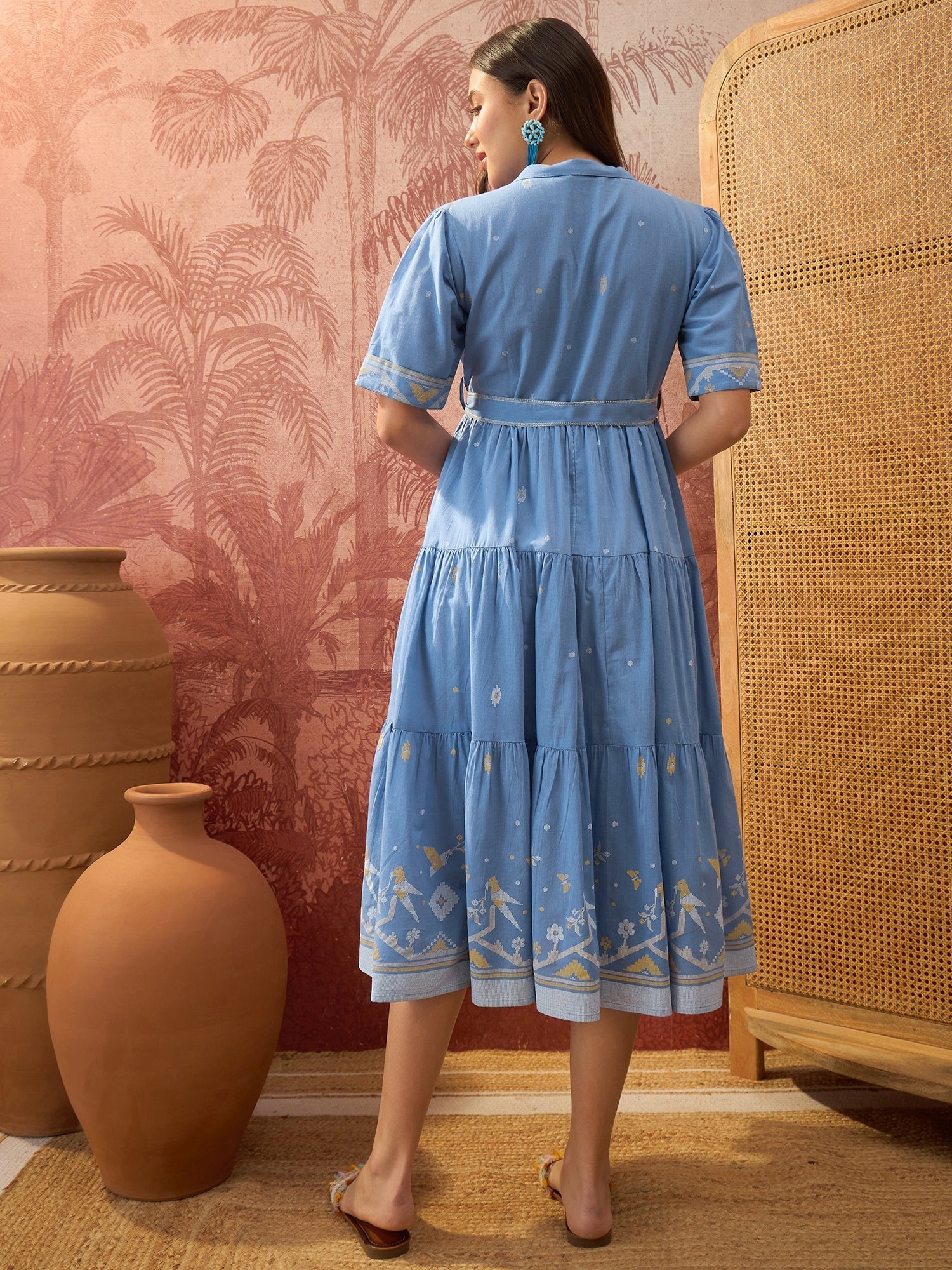 Women's Blue Solid Cotton Tiered Dress (DRSBLUEVIVORA) | DesiQlo