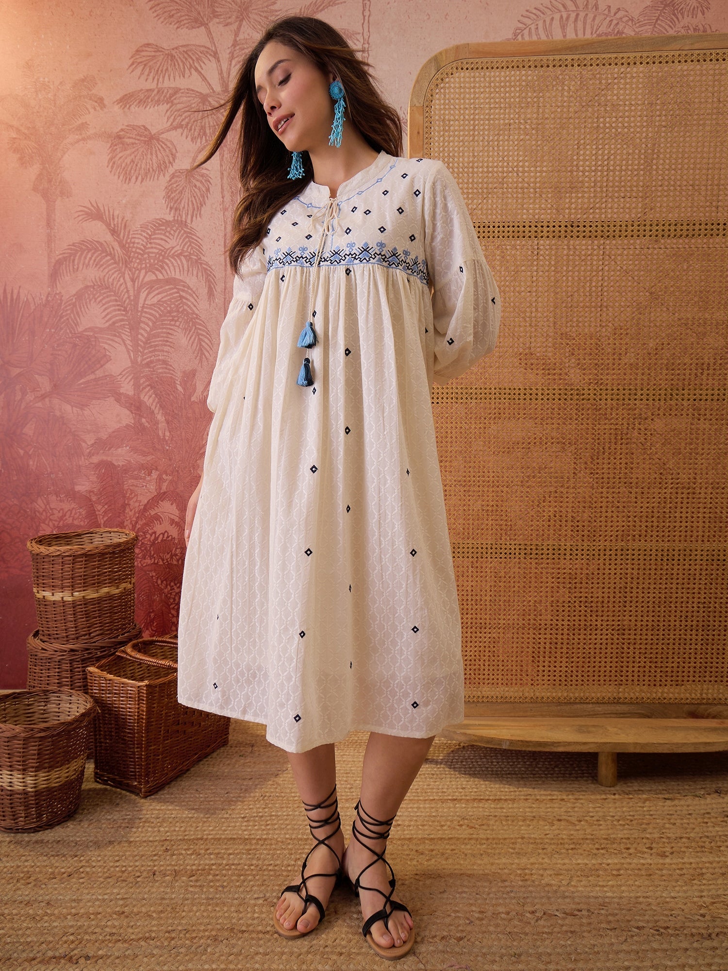 Women's Cream Self Design & Embroidered Cotton Dobby Empire Dress (DRS