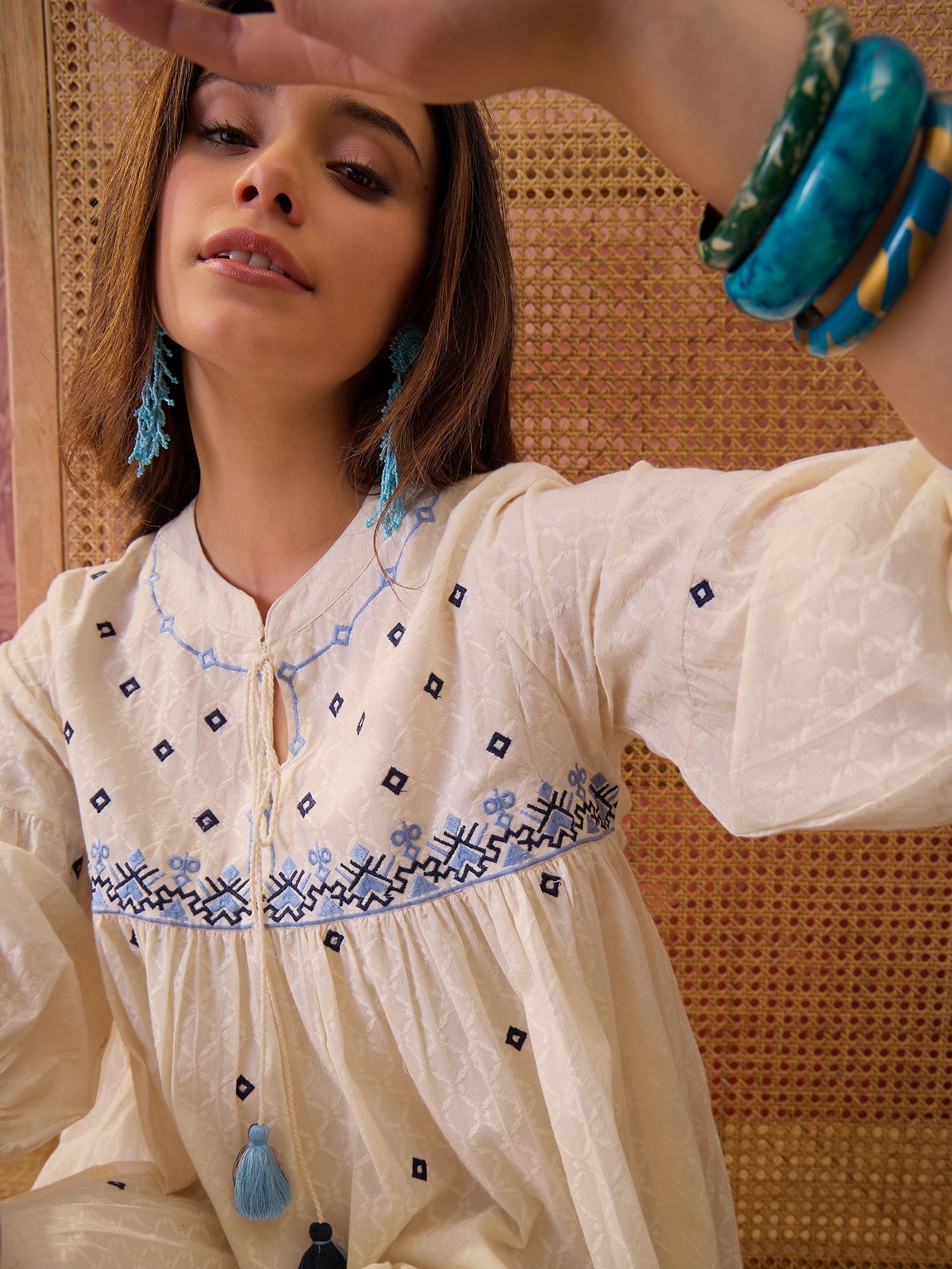 Women's Cream Self Design & Embroidered Cotton Dobby Empire Dress (DRS