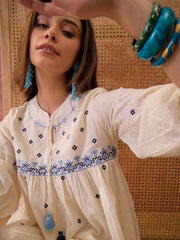 Stylum Women's Cream Self Design & Embroidered Cotton Dobby Empire Dress (DRSCREAMCHAMP)
