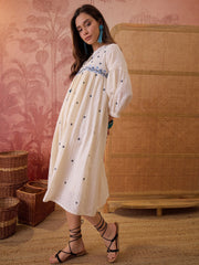 Stylum Women's Cream Self Design & Embroidered Cotton Dobby Empire Dress (DRSCREAMCHAMP)