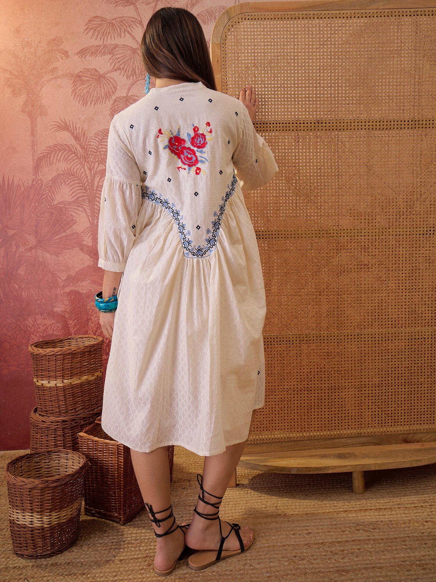 Women's Cream Self Design & Embroidered Cotton Dobby Empire Dress (DRS