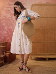 Stylum Women's Cream Self Design & Embroidered Cotton Dobby Empire Dress (DRSCREAMCHAMP)
