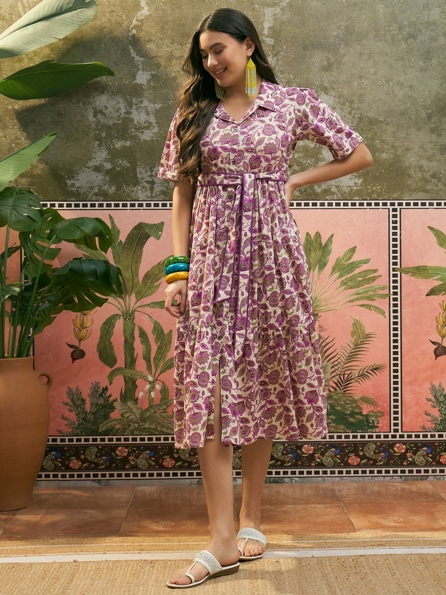 Women's Cream Floral Printed Cotton Flared Dress (DRSCREAMDATES) | Des