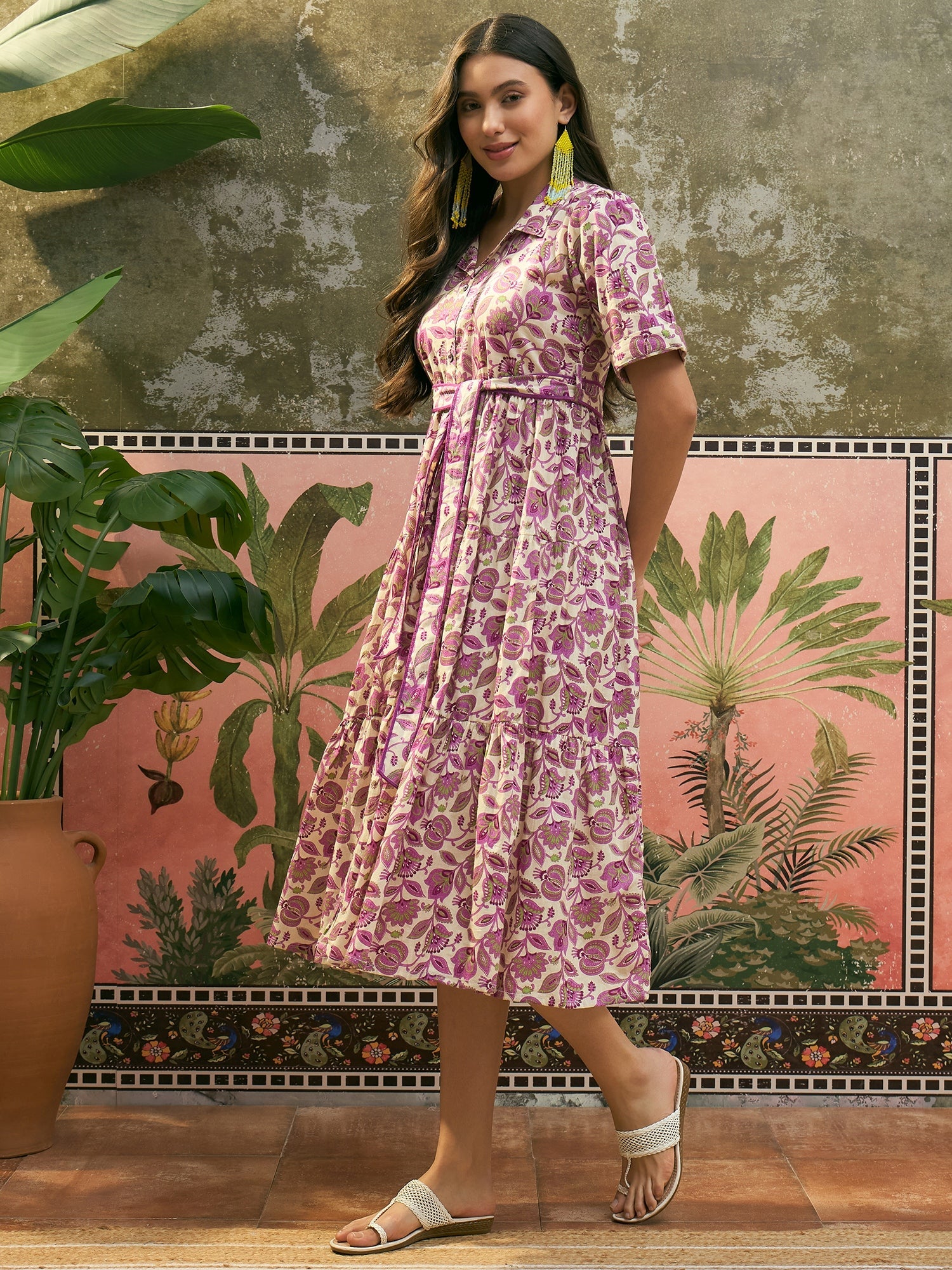 Women's Cream Floral Printed Cotton Flared Dress (DRSCREAMDATES) | Des