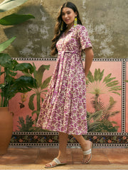 Stylum Women's Cream Floral Printed Cotton Flared Dress (DRSCREAMDATES)