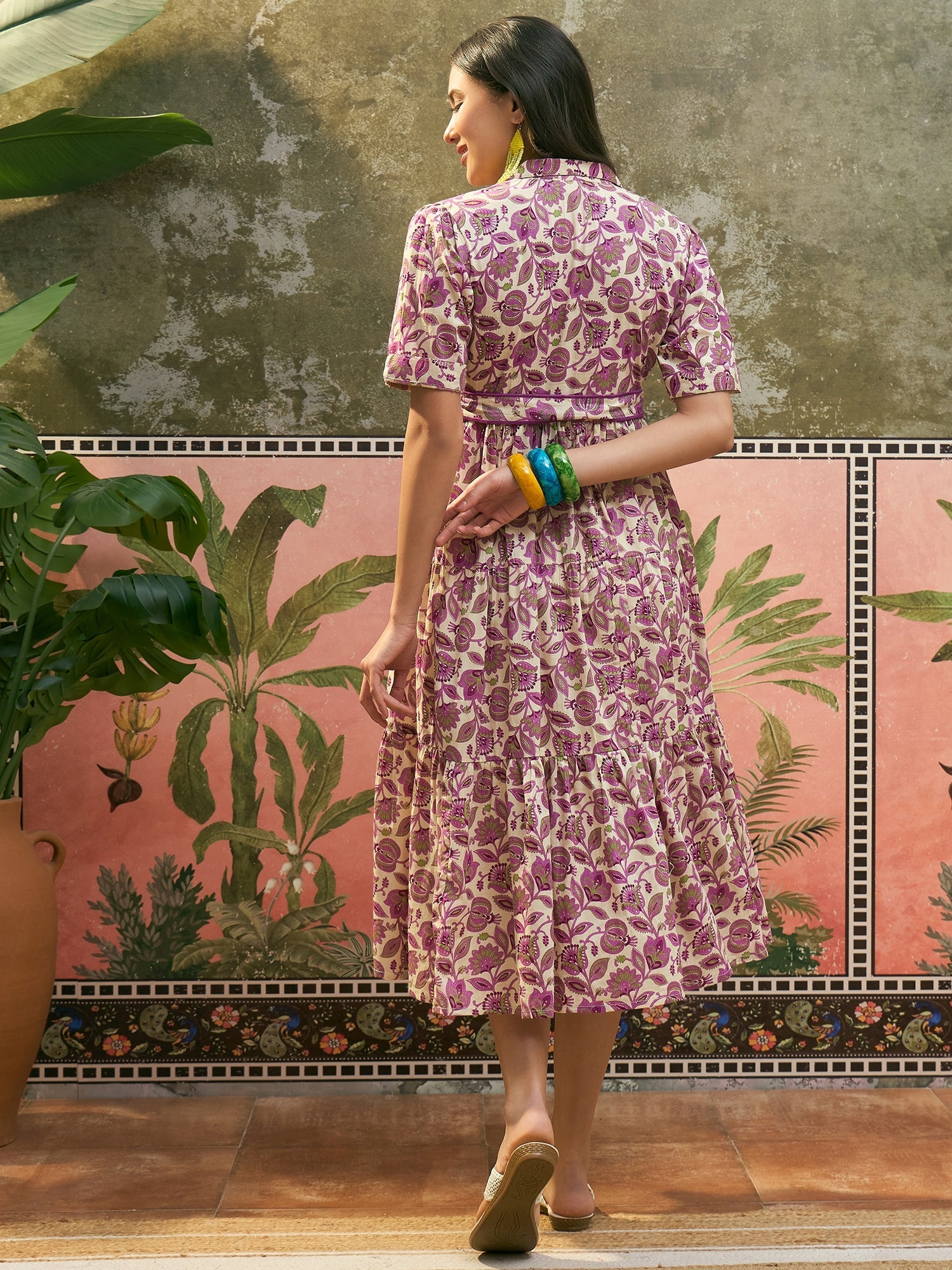 Women's Cream Floral Printed Cotton Flared Dress (DRSCREAMDATES) | Des