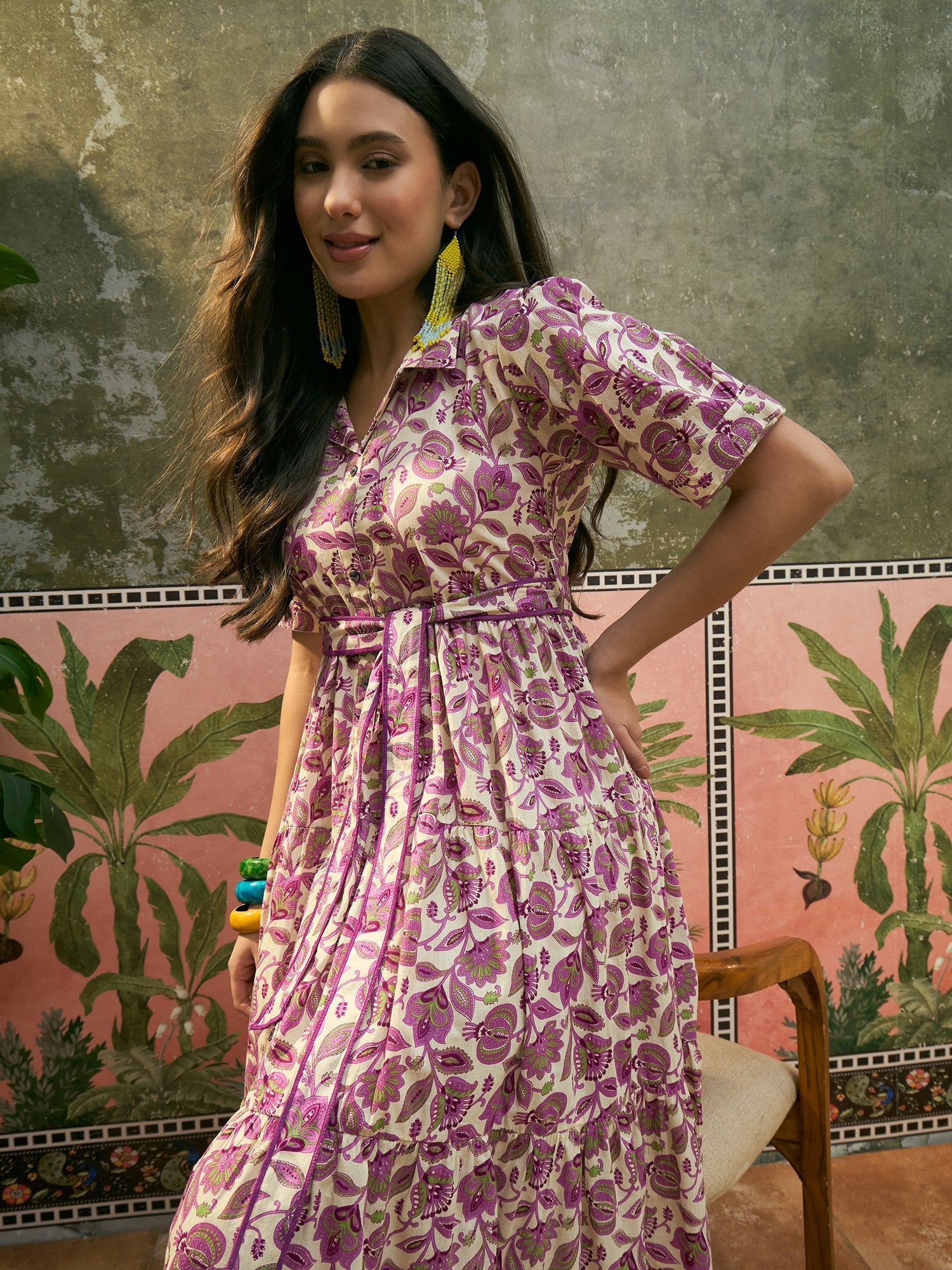 Women's Cream Floral Printed Cotton Flared Dress (DRSCREAMDATES) | Des