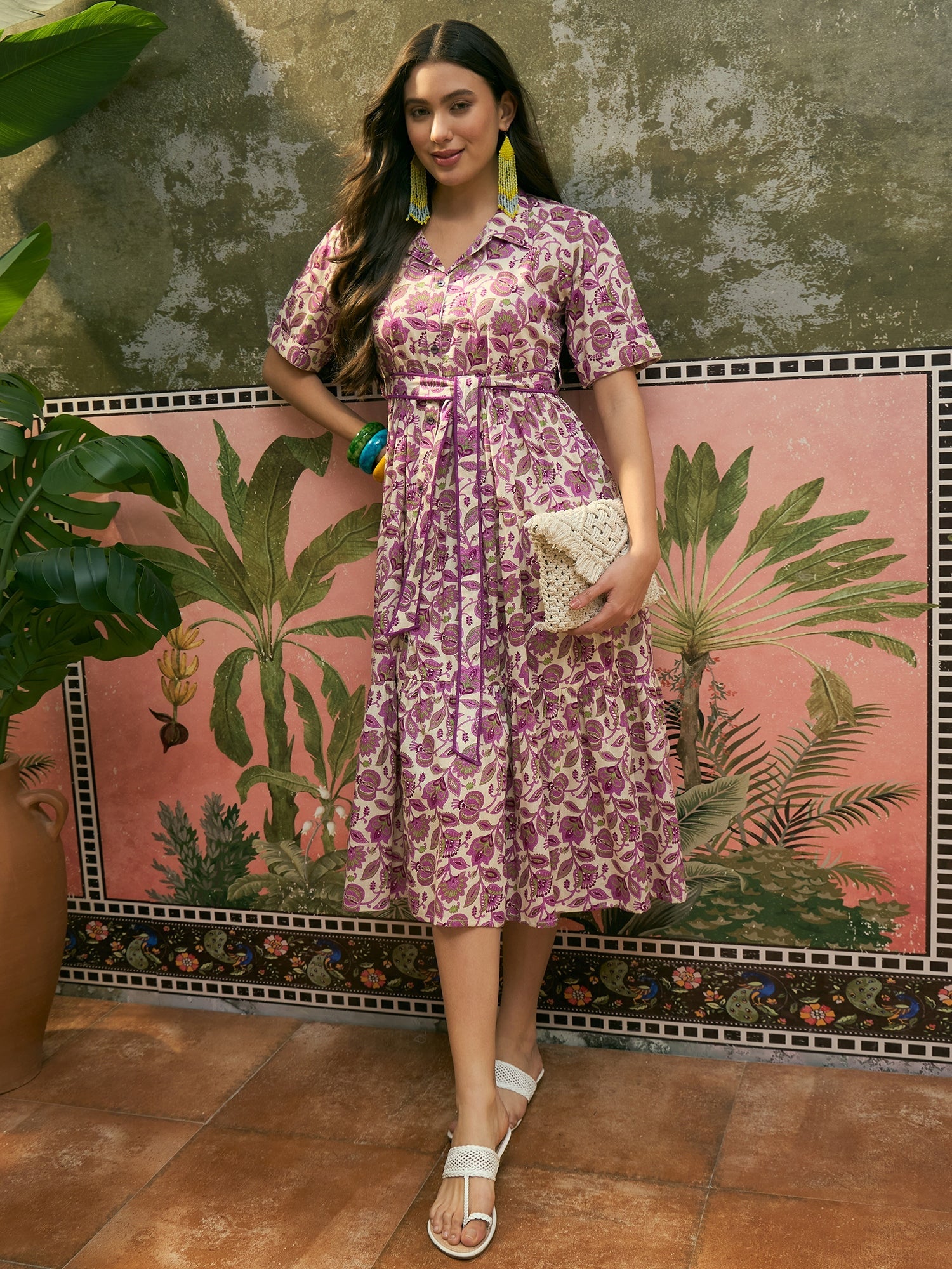 Women's Cream Floral Printed Cotton Flared Dress (DRSCREAMDATES) | Des